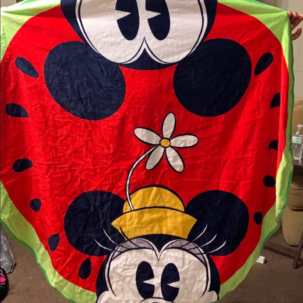 Watermelon minie and Mickey towel with an cooler